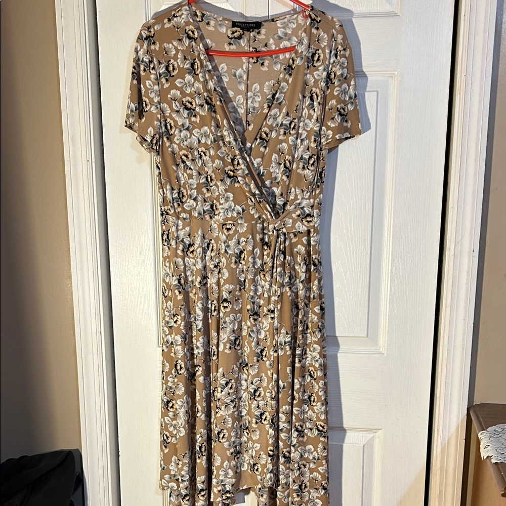 Floral Wrap Dress in Tan and White NWT